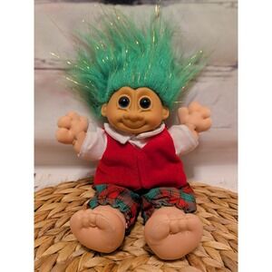 Vintage Russ Troll Christmas Boy 8" Plush Doll Green Tinsel Hair Red Plaid